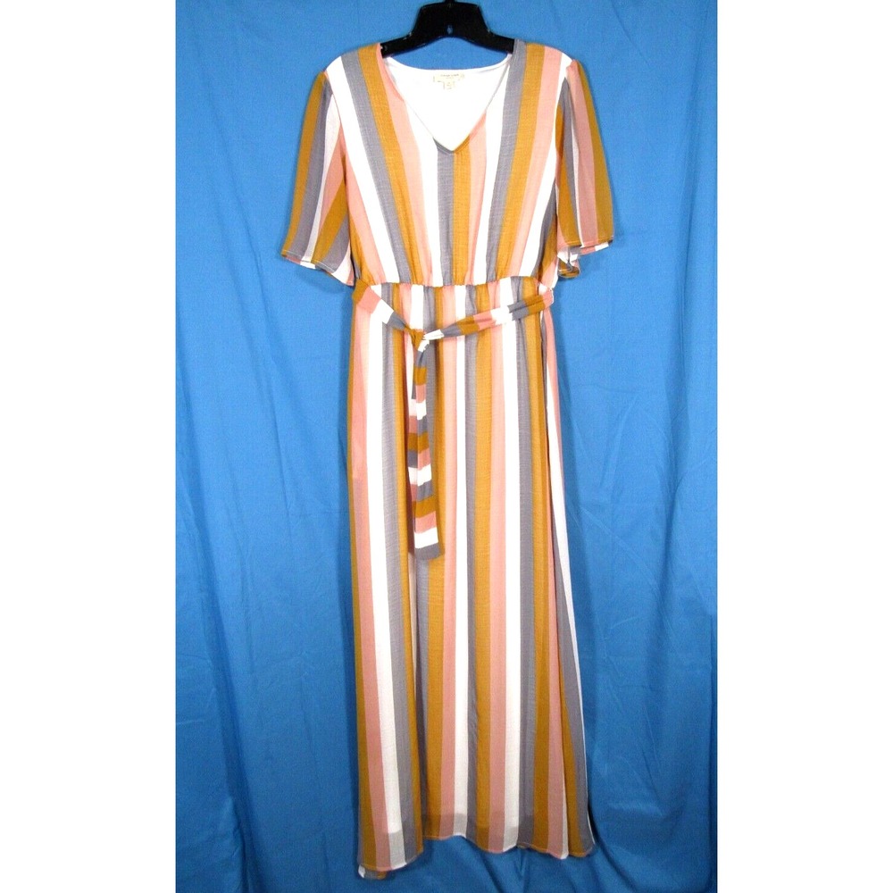 ORANGE CREEK Cute LINED CHIFFON Multicolor STRIPED TIE BELT Blouson Maxi Dress M